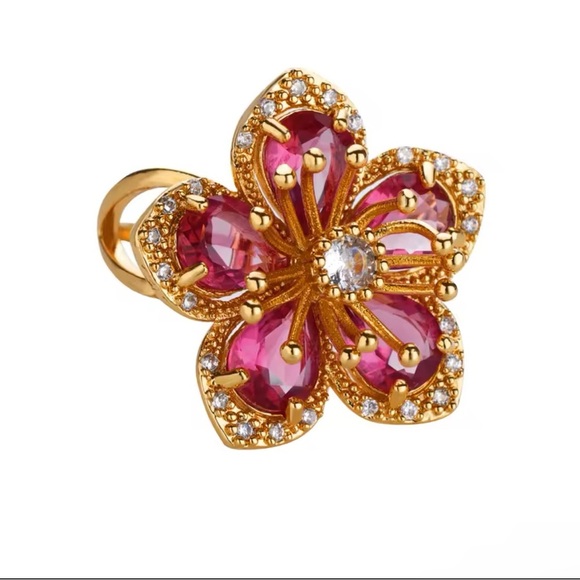 Anthropologie Blossom Gold Pink Floral Crystal Stainless Steel Adjustable Ring - Picture 3 of 17